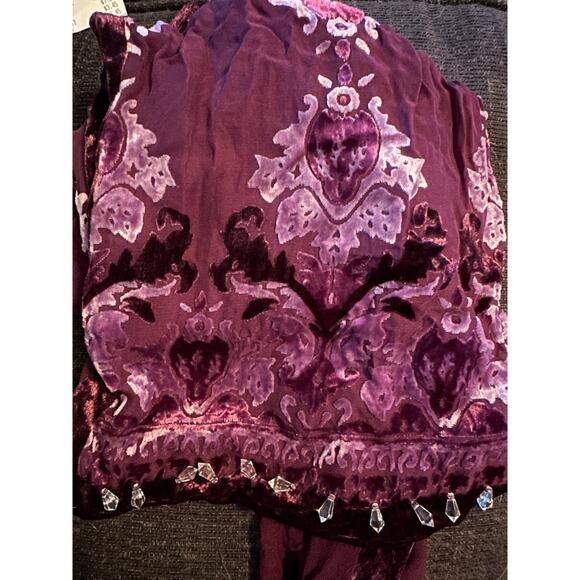 Purple White Print Velour Accent Beaded Rectangle Scarf 8" x 50" - Picture 2 of 5